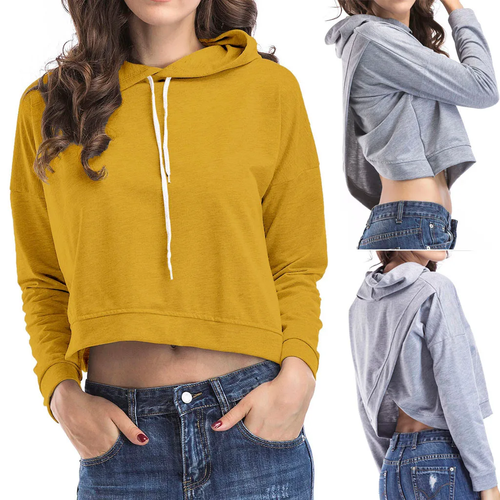 

Womail Sweatshirts Loose Women Solid Back Open Fork Short Hoodie Sweatshirt Fashion Long Sleeve Crop Sweatshirt Pullover
