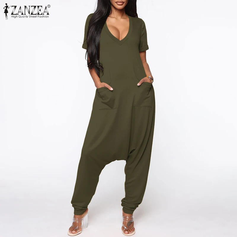 

ZANZEA 2020 Drop Crotch Jumpsuits Fashion Women's Summer Overalls Short Sleeve Playsuits Female Casual Solid Pants Plus Size 5XL