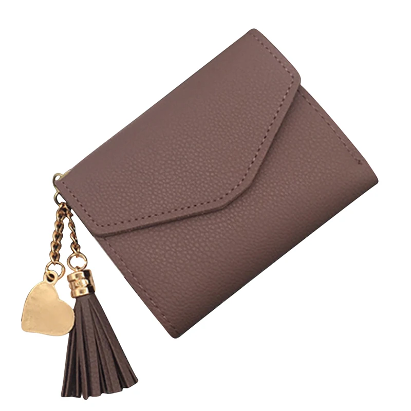 Bean paste Short Wallet Tassel PU Leather Wallets Female Heart Pendant Hasp Coin Purse Mini Bag - Цвет: Bean paste