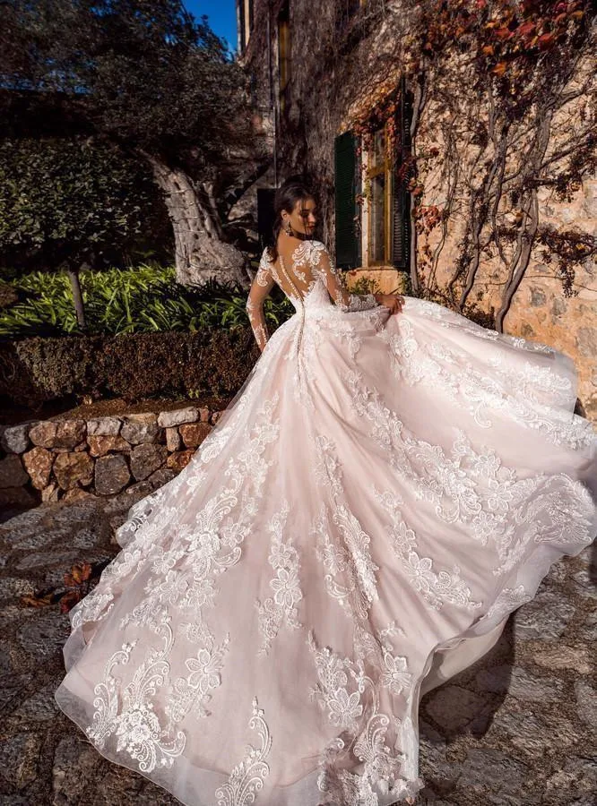 Elegant A-Line Wedding Dresses Lace jewel neck Long Illusion Sleeves Sweep Train Wedding Dress Bridal Gowns vestidos de novi