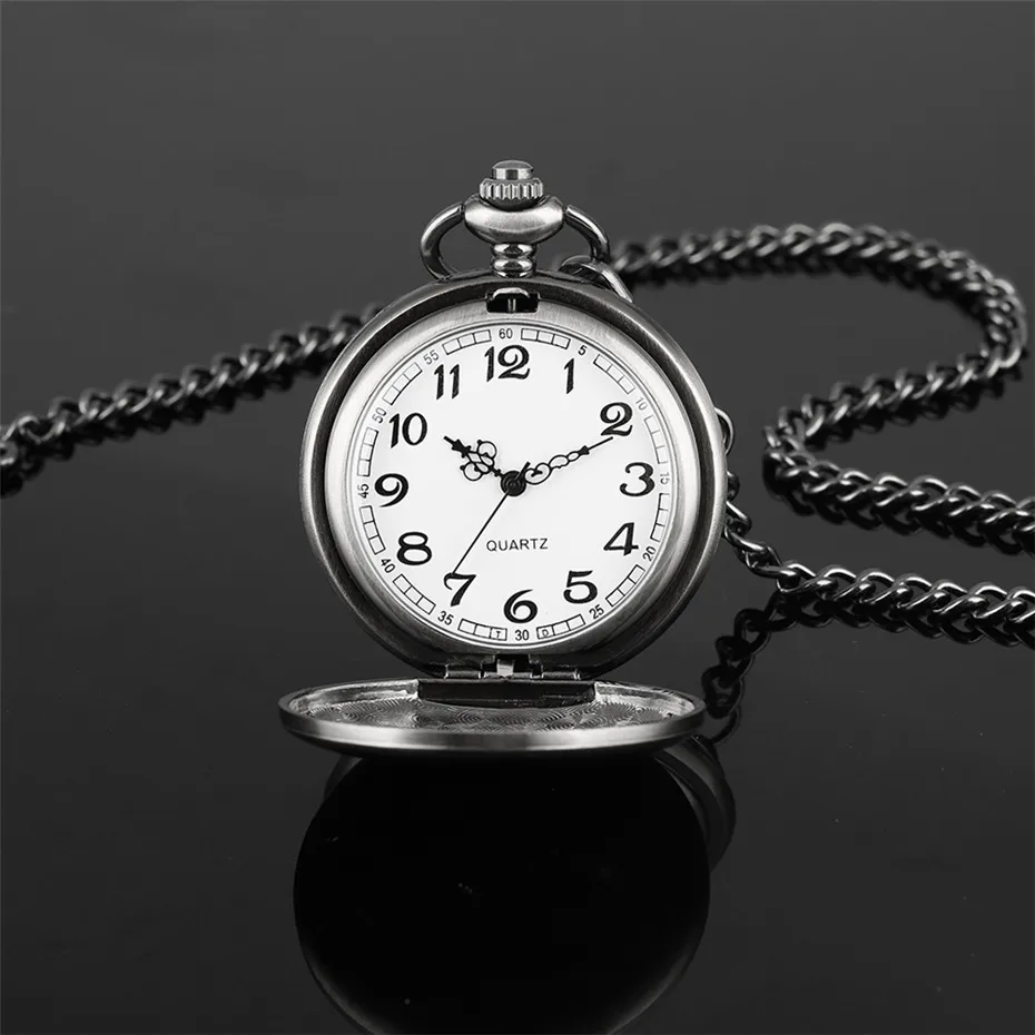 Гладкий черный/серебристый корпус кварцевые карманные часы Полный Охотник Подарочная коробка Для женщин Для мужчин брелок часы Смотреть на цепь - Цвет: white grey