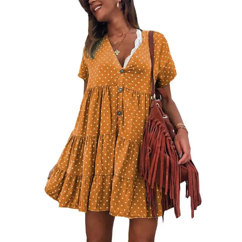 Women's Pleated Dress Short Sleeve V-neck Button 2021 Summer Beach Dress One Line Loose Polka Dot Party Dress