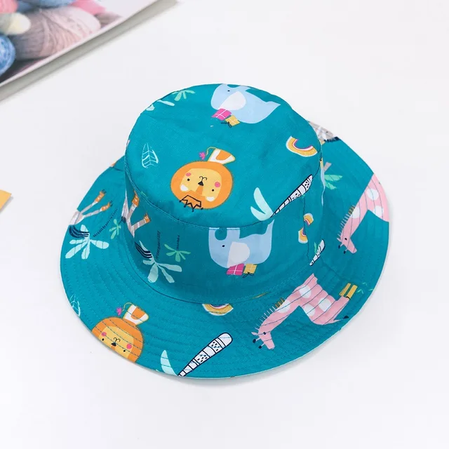 Summer Children Cotton Cartoon Bucket Cap For Boys Printing Floral Baby Girls Sun Hat Flower Kids Bonnet blue animal