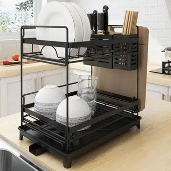 

Stainless Steel Baking Paint Sink Drainage Rack Kitchen Shelf 2 Storey Articles Receiving Sink Dish Rack