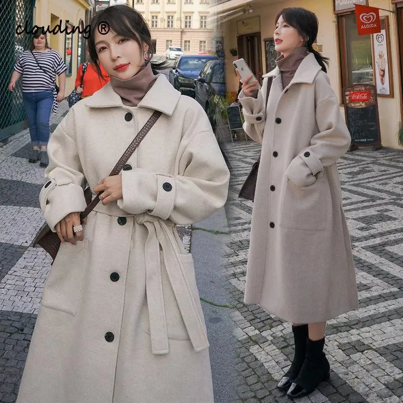 

Autumn Winter Woolen Coat Women Korean Elegant Long Overcoat Vintage Solid Color Bandage Jacket Oversize Office Warm Women Coats
