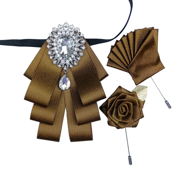 British New Fashion Men's Wedding Performance Groom Wedding-Party Flower Collar Bow Tie Pocket Towel Square Set Men Accessories COFFE SET-WHITE3