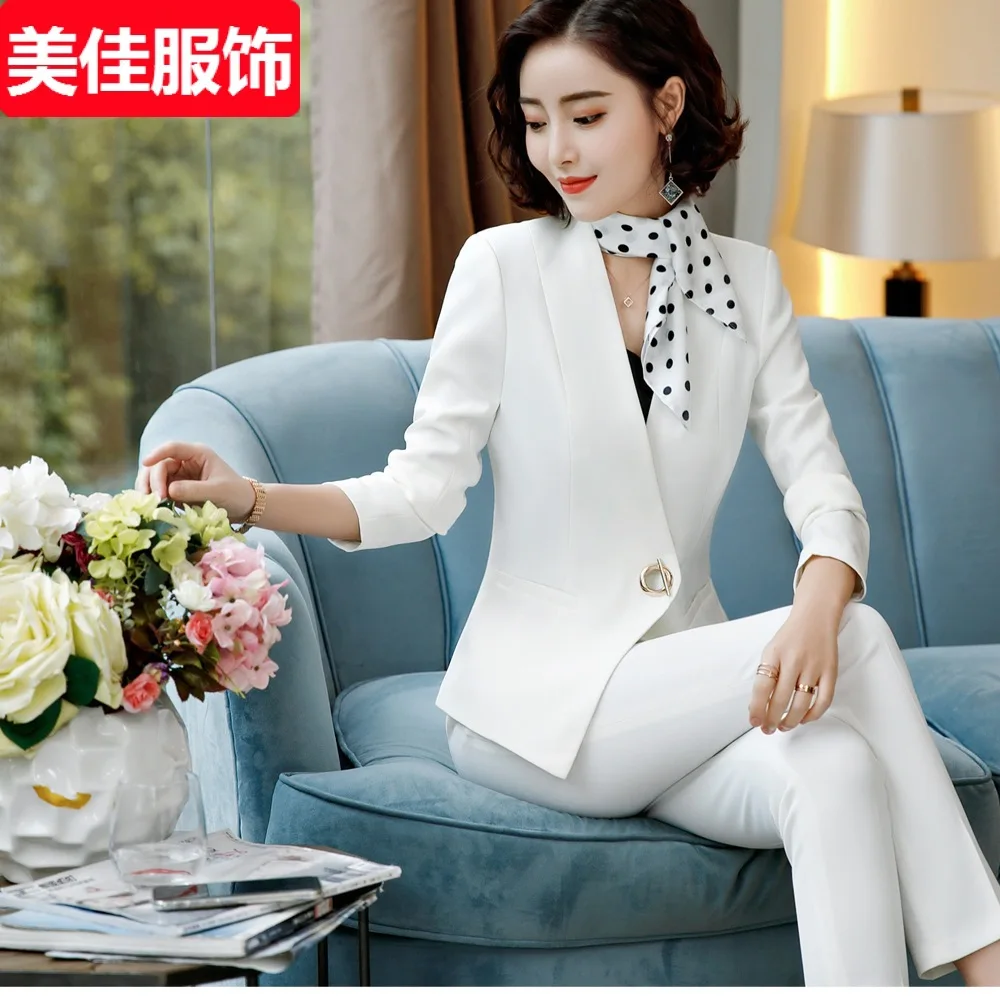 

2019 Autumn And Winter Business WOMEN'S Dress Long-sleeved White Small Suit Set Teachers Beauty Salon Cosmetics Shopping Guide W