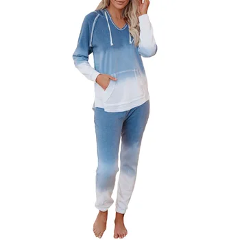 

Autumn Spring Women Pajama Set Tie-Dye Print Long Sleeve O Neck Hooded Top + Long Pants Sets
