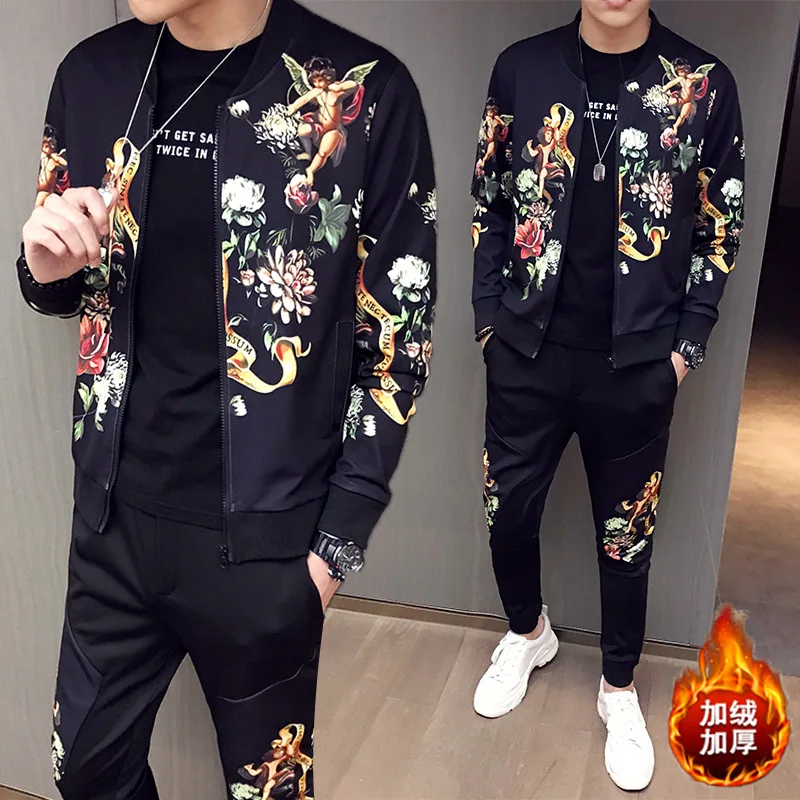 

2019 Autumn And Winter New Style Beauty Printed Social Fella Celebrity Style Brushed And Thick Jacket Two-Piece Set Casual Men'S