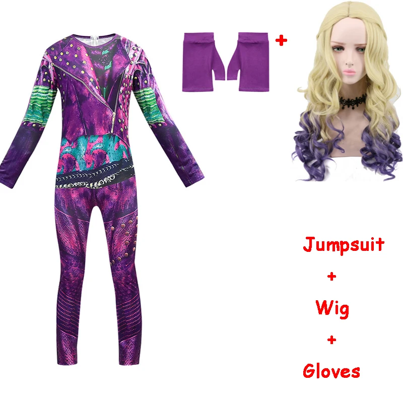 883 glove wig Костюм на Хэллоуин для детей Evie Anilnc потомки 3 костюм для девочки для маскарада с париком+ перчатки Детский карнавальный праздничный комбинезон - Цвет: 883 glove wig