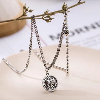 

925 Sterling Silver Thai Silver Vintage round Elephant Star Dongdaemun Jewelry Tassel Necklace Stitching Chain pendant necklace