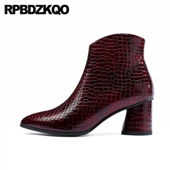 

block shoes ladies side zip boots pointed toe snakeskin chunky custom women 10 wine red high heel big size booties snake plus