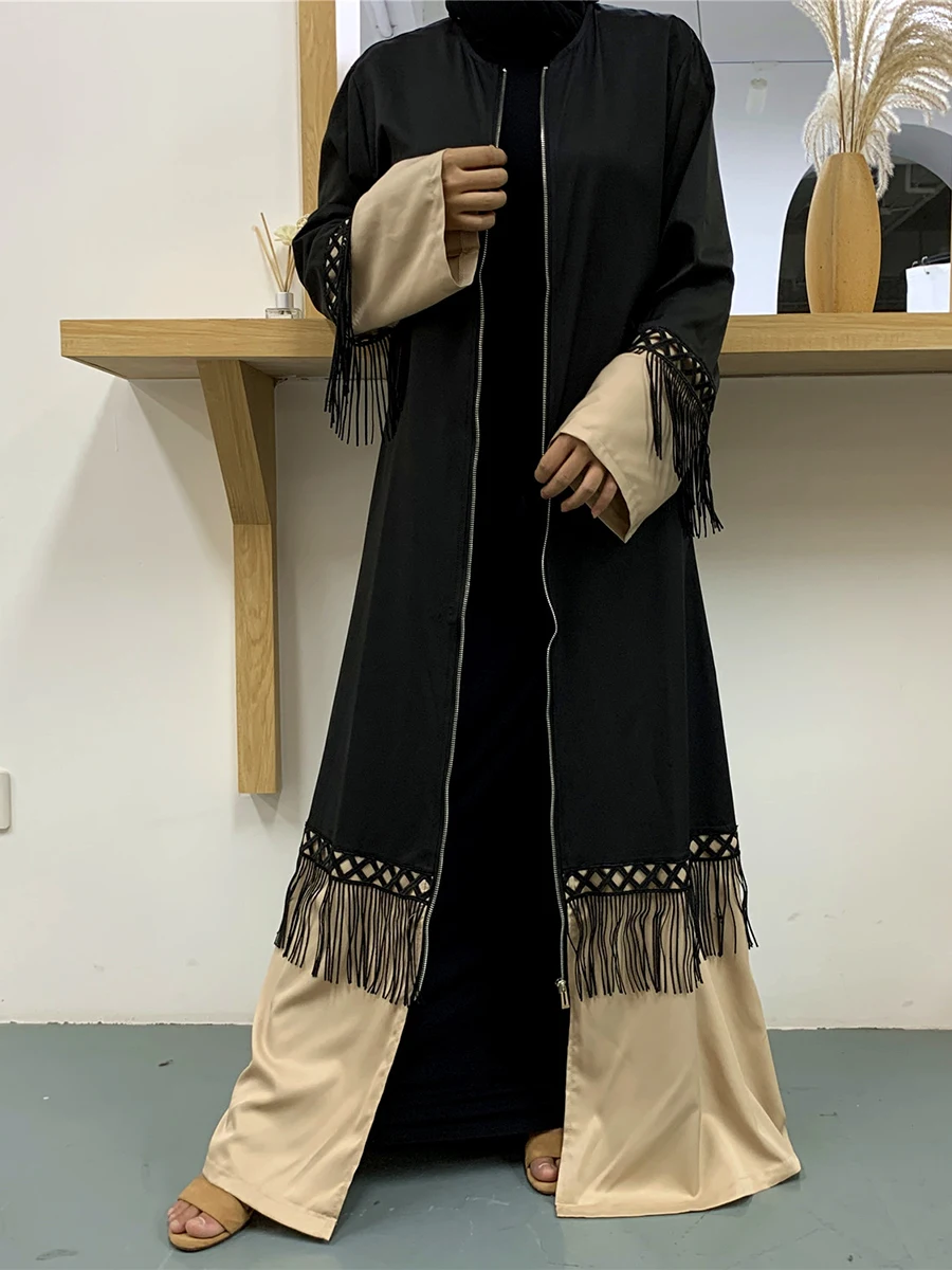 1505#Front Zipper Abaya Tassels Islamic Clothing Turkey Middle East Women Closed Abaya - CHAOMENG MUSLIM SHOP