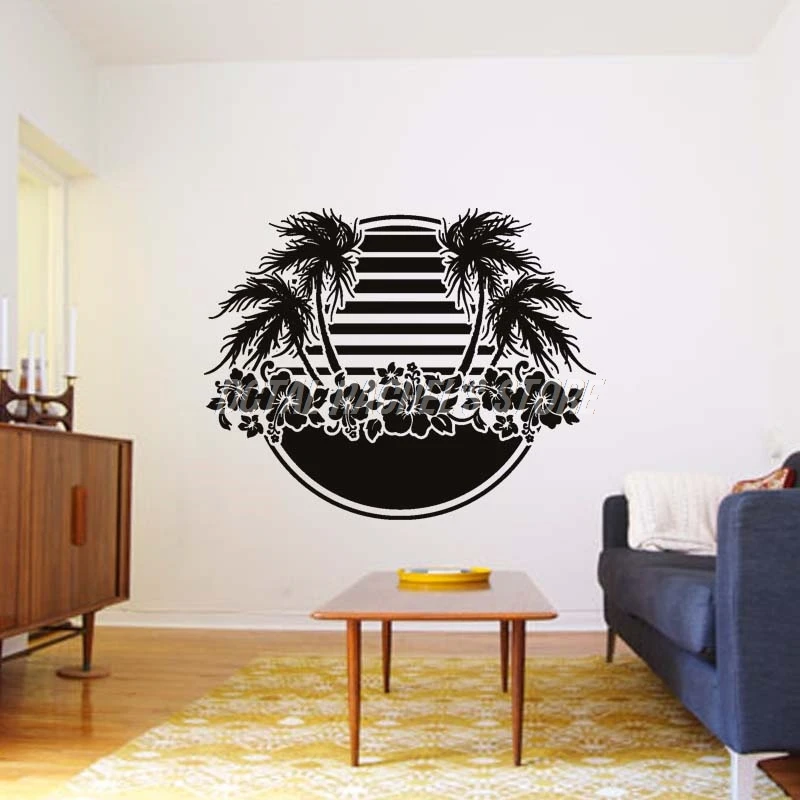 Tropical Island Palm Flower Blossom Silhouettes Sticker Home Decor Vinyl Decal Coconut Tree Living Room Bedroom 