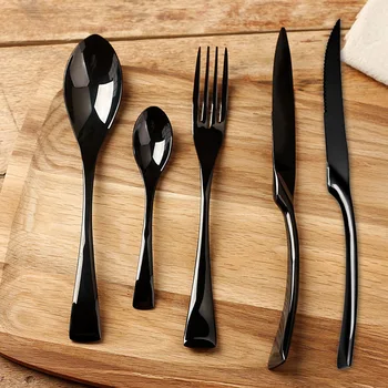 

5pcs Home Hotel Tableware Dinnerware Cutlery Set Gift Black Easy Clean Smooth Stainless Steel Portable Party Spoon Fork Cutter