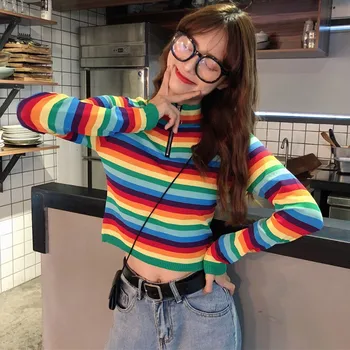 

Women Sweaters Korean Style Rainbow Stripes Print Sweater Slim Long Sleeved half-high Collar Slim Bottom Knit Sweater W