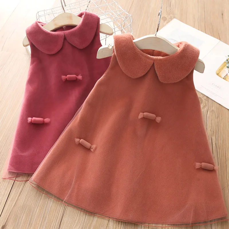 Зима-осень модная одежда в европейском стиле для детей 2, 3-От 10 до 12 лет, красный, с воротником в стиле «Питер Пэн» Одежда для детей; малышей; девочек зимнее платье без рукавов с кружевом
