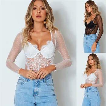 

Sexy Women Long Sleeve Mesh See Through Bodysuit Jumpsuit Deep V-neck Bodycon Lace Jumpsuit Bodysuit Clubwear Tops Hot