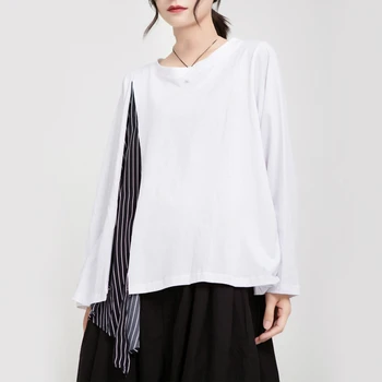 

Women Shirts Solid Color Long Sleeve O-Neck Lace Splice White T-shirt High Street Womens Clothing