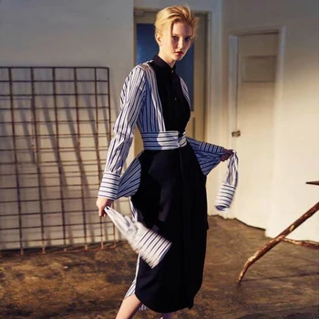 

Striped Print Single-Breasted Long-Sleeved Stitching Temperament Slim Shirt Dress Women'S Spring-Summer 2020 New High-Quality