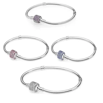 

Crystal Stone Barrel Shape Clasp Snake Chain Charms Bracelets for Women Fashion 925 Sterling Silver Jewelry Signature Brand