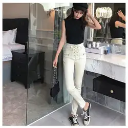 2019 Для женщин модные Высокая Талия штаны, прямые джинсы Повседневное тонкий тянущаяся повязка однотонные брюки до щиколотки Длина узкие