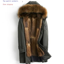Парка из натурального меха, Мужская норковая шуба, зимняя куртка, Мужская куртка с капюшоном, Воротник из меха енота, длинное пальто, парки, манто Homme Hiver KJ1406
