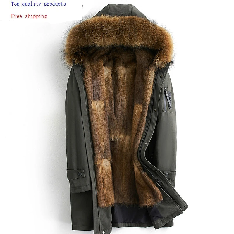 Парка мужская с натуральным мехом норки Длинная зимняя куртка капюшоном и
