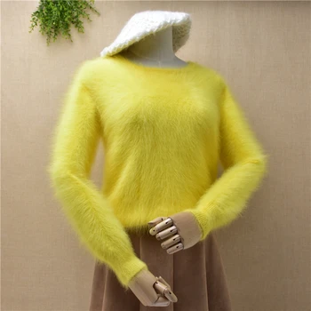 

fashion women base blouses o-neck solid long sleeves angora rabbit fur knitted slim sweater female top mink cashmere pullover