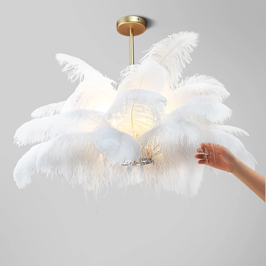 Скандинавский светодиодный подвесной светильник натуральный страусовый перо Лофт светодиодный Подвесная лампа для спальни гостиной ресторана декоративное освещение подвесной светильник
