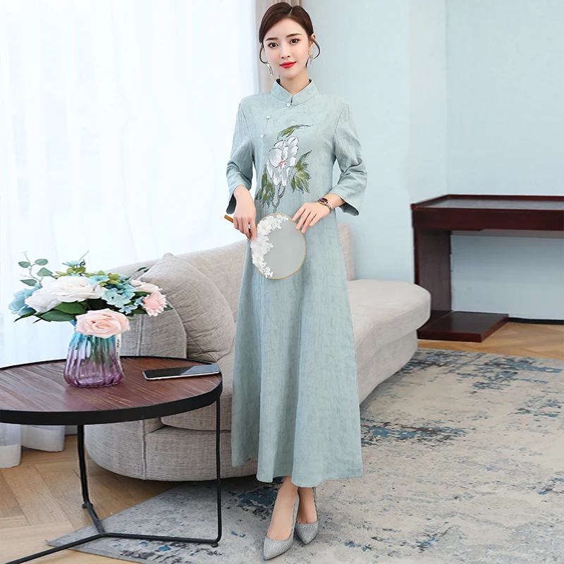 Summer Autumn Retro Vestido Chinese Qipao Dress Long Traditional Mandarin Collar Loose Flower Printed Cheongsam | Тематическая