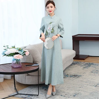 

Summer Autumn Retro Vestido Chinese Qipao Dress Long Traditional Mandarin Collar Loose Chinese Dress Flower Printed Cheongsam