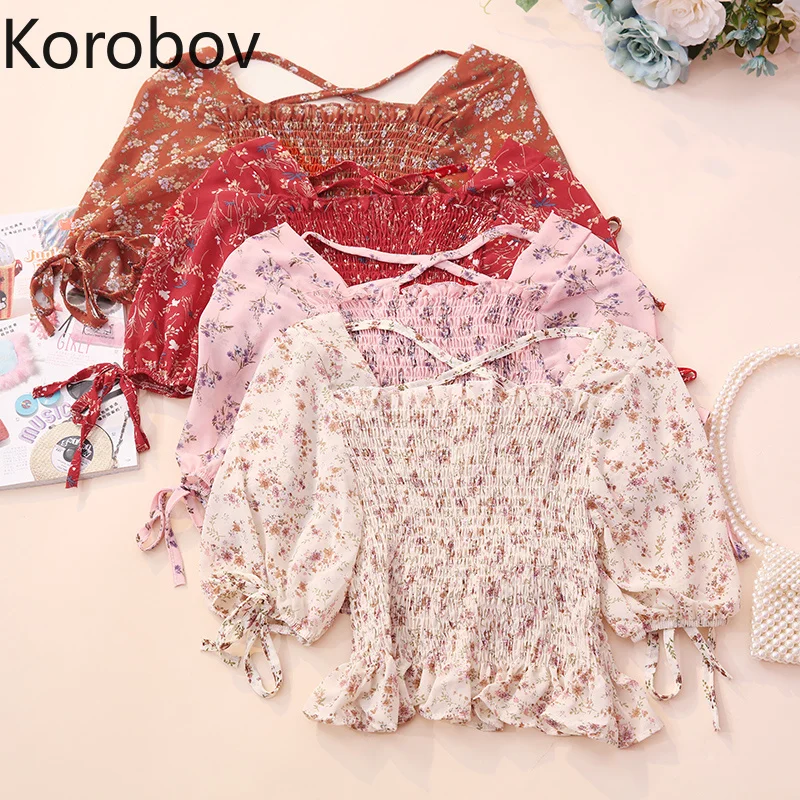 

Korobov Korean Chic Square Collar Open Collarbone Chiffon Shirt Holiday Beach Style Puff Short Sleeve Pleat Blusas Summer Shirt