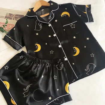 Pijama de satén para Mujer, de seda, de Noche Estrellada estampado de Luna, Verano, traje para casa, 2021
