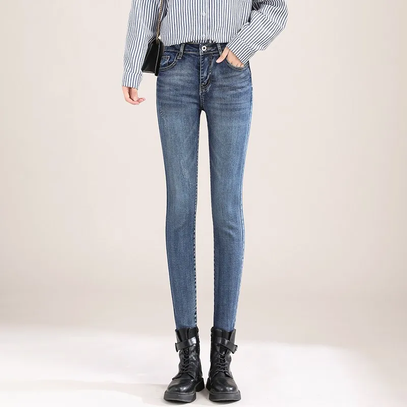 

Black Super Stretch Jeans Pencil Pants Plus Size High Waist Distress Jeans Autumn Winter Ladies Jeans Trousers Korean Blue Gray