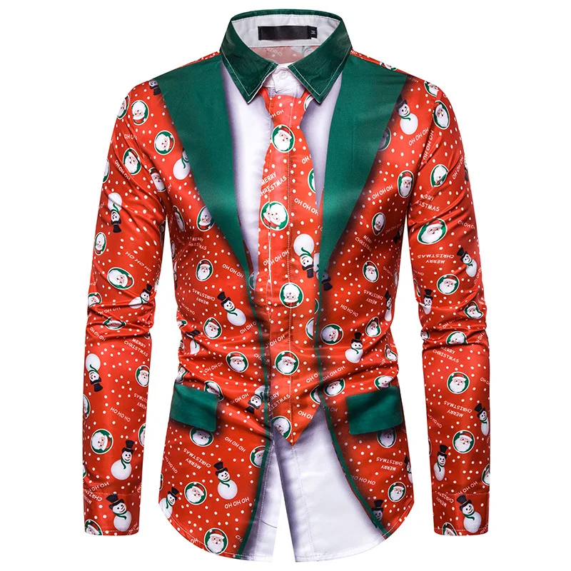 Feitong Men hombres Men New Style Streetwear Fake two Pieces chemise Casual Snowflakes Printed Christmas Shirt Top Blouse