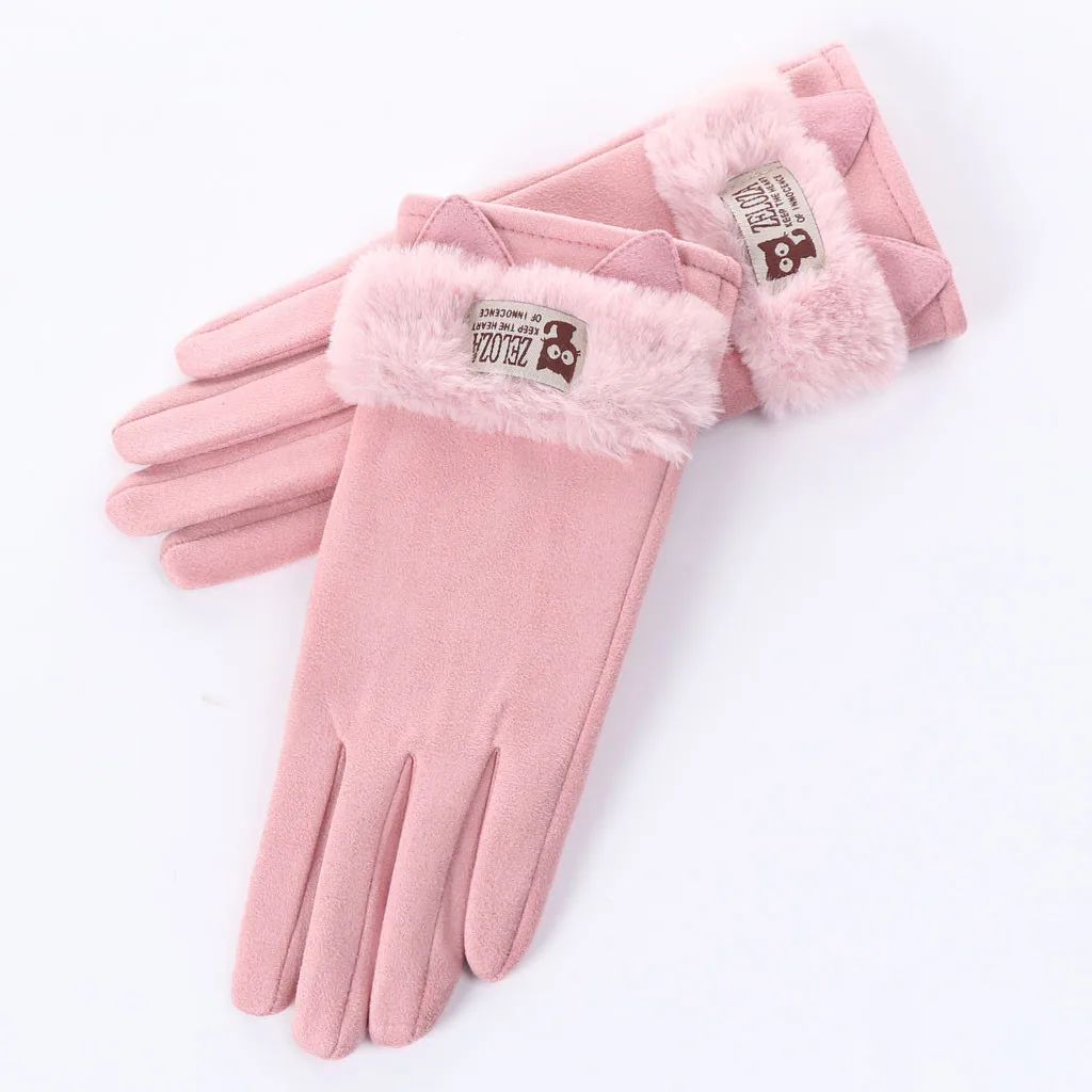 Дизайн, модные женские зимние теплые флисовые теплые перчатки с заячьими ушками из мультфильма, утолщенные теплые варежки, перчатки для телефона - Цвет: Pink B