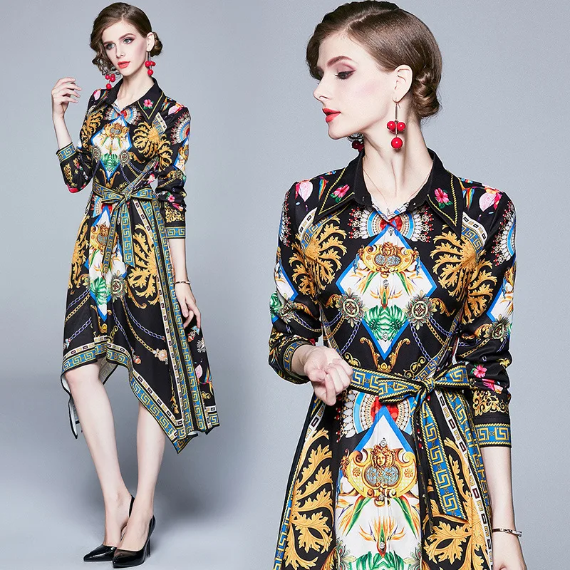 

Photo Shoot-Europe And America Versitile Fashion Waist Hugging Slim Fit Slimming Irregular Positioning Floral Printed Dress Wome