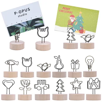 

3pcs Multiple Styles Metal Card Holder Christmas Tree Heart Photo Clip With Wooden Stand Wedding Birthday Party Desktop Decor
