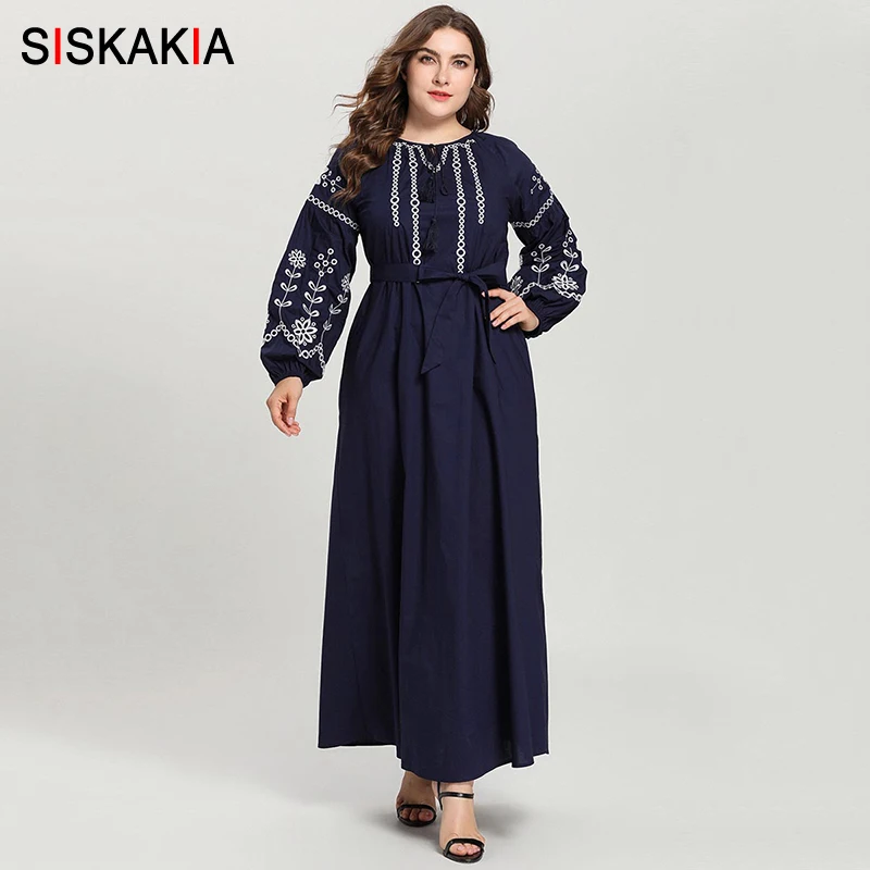 

Siskakia Floral Embroidery Women Long Dress Plus Size Arabian Long Sleeve Dresses Autumn 2019 Tassel Drawstring Bishop Sleeve