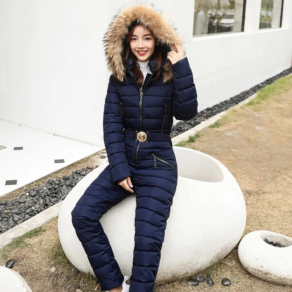 Women Hooded Solid Jumpsuits Elegant Warm Zipper Ski Suit Onesie Snowsuit Coat #4R02 (38)