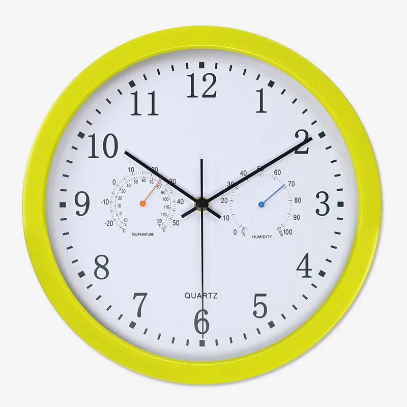 Тихий Кварцевый Металл настенные часы с термометром гигрометр Тихий развертки движение не тикающий домашний декор дизайн - Цвет: Цвет: желтый