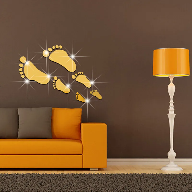 Creative Home Decor Sweet Family Footprint Mirror Wall Stickers Gold Silver Room Decorative Mirrors Decals | Дом и сад