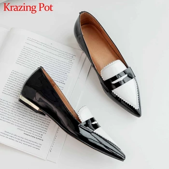 

Krazing Pot genuine leather mixed colors loafers shoes slip on pointed toe low heels women elegant casual style cozy pumps L62