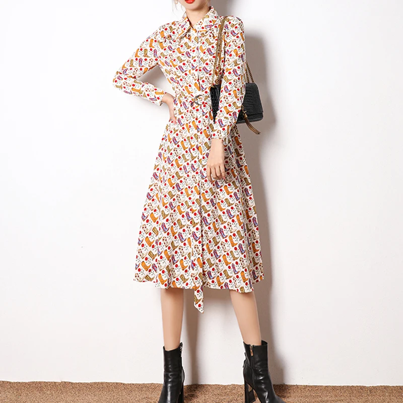 

Runway Retro Print Flowers Ruffle Long Sleeve Single-Breasted Belt Slim Fit Temperament Women'S Dress Spring New High Quality