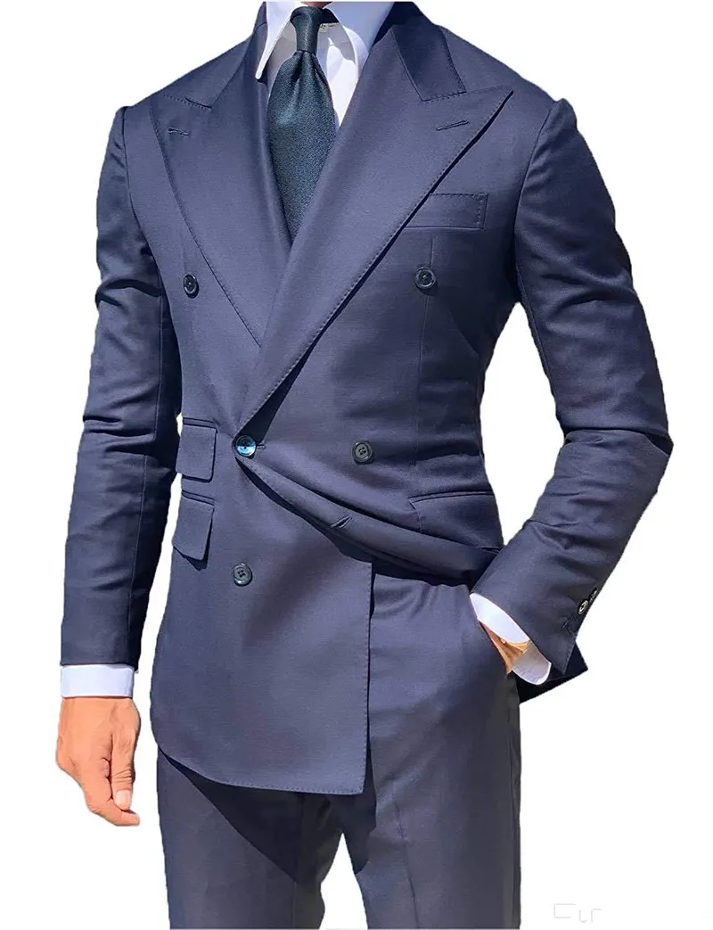 32 (1)Navy Blue Groom Tuxedos Double-Breasted Men Wedding Tuxedo Fashion Men Jacket Blazer Men Prom DinnerDarty Suit(Jacket+Pants