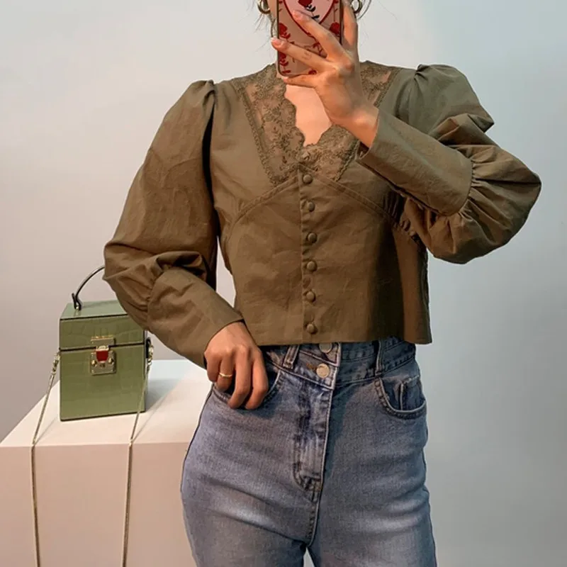 army green blouse RealShe, женские рубашки,, v-образный вырез, длинный рукав, с буфами, одноцветная, кружева, пуговицы, белая блузка, для женщин, весна, Женские топы и блузки, повседневные - Цвет: army green blouse