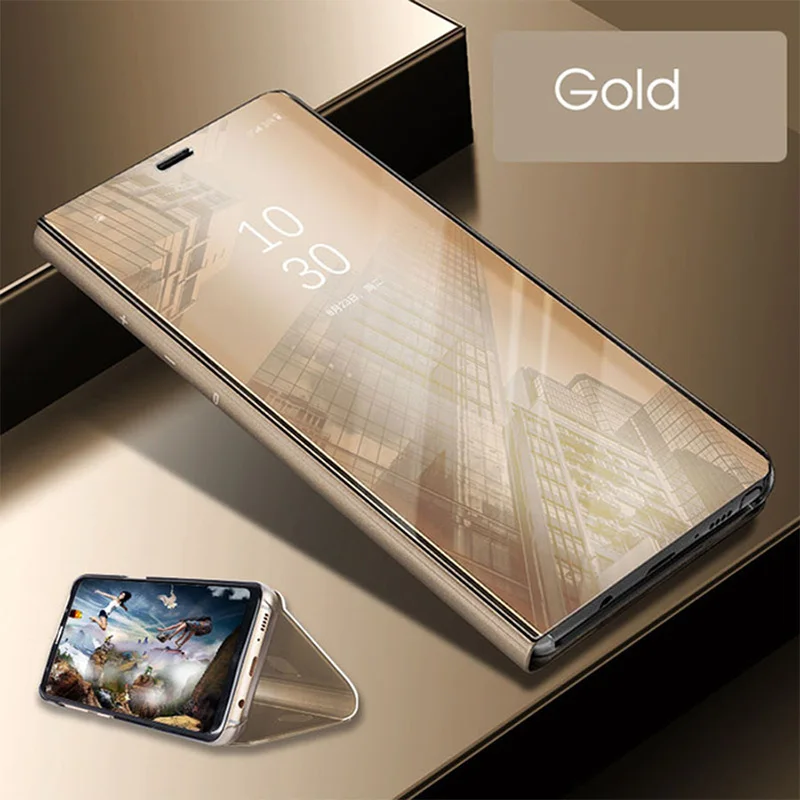 Умный зеркальный кожаный чехол для samsung S6 S7 край S8 S9 Plus Note 4 5 8 9 откидная крышка чехол для A3 A5 A7 A6 A8 A7 A9 A6s - Цвет: Gold