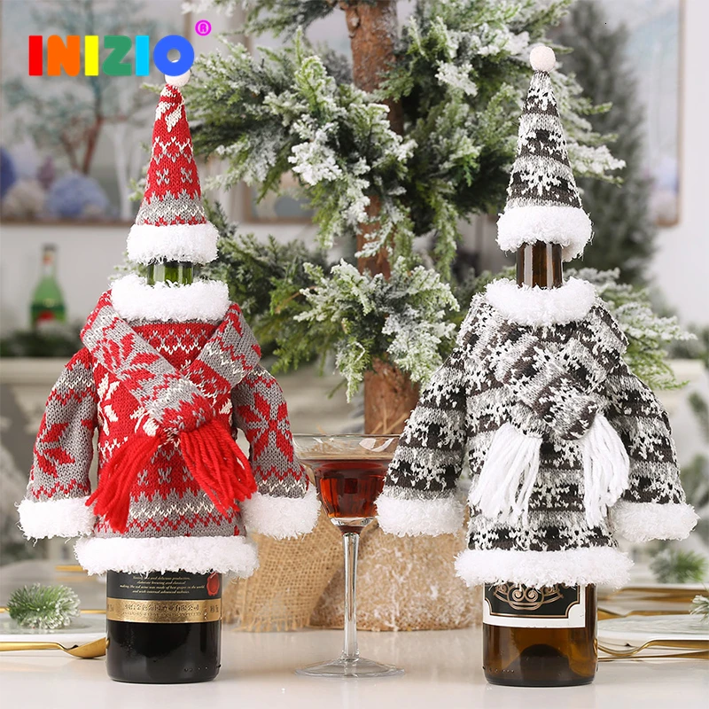 

2020 New Christmas Decoration Set Knitted Scarf Hat Clothes Bottle Cover Creative Party Table Decoration Knitted Wine Bottle Bag