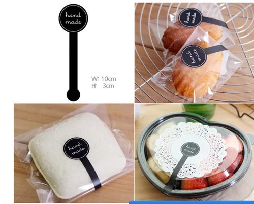 Long Style "HAND MADE" Black Handmade Cake Packaging Sealing Label Kraft Sticker Baking DIY Gift Box Stickers 100pcs